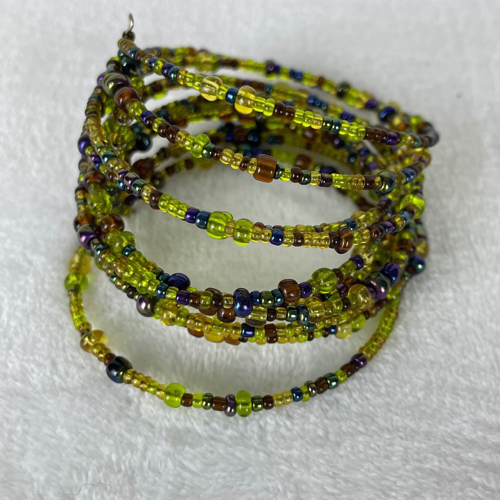 Boho Multi Layer Glass Seed‎ Bead Festival Wire Wrap Cuff Bracelet Green Purple